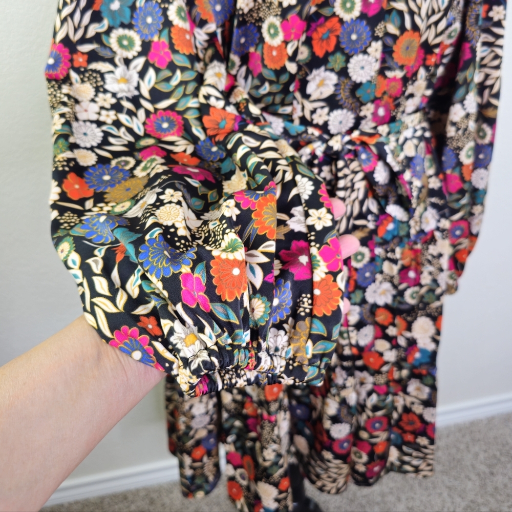 Maia Floral Drop Tie Waist Ruffle Black Long Sleeve Dress 14 - Picture 7 of 13